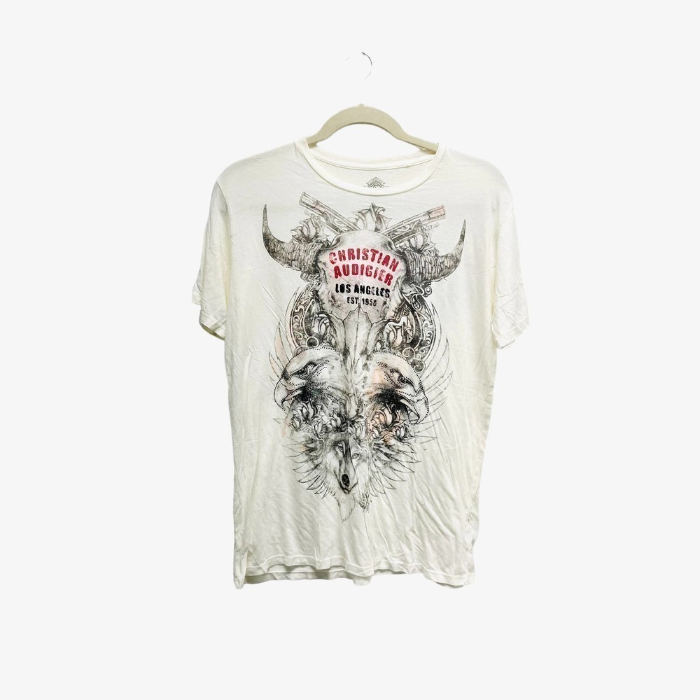 Christian Audigier Cream Bull Skull Wolf Embellished Graphic‎ Tee